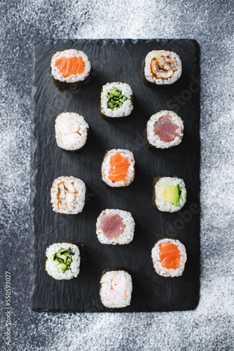 Nice serving of sushi. Asian food. Food photography. Sushi, sashimi, nigiri.