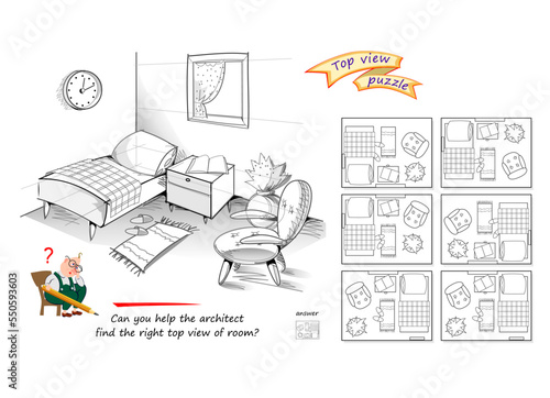 Logic puzzle game for children and adults. Can you help the architect find the right top view of room? 3D maze. Page for brain teaser book. Developing spatial thinking. IQ test. Play online.