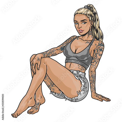 Cool sit girl colorful sketch