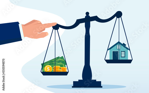 Vector of a bank regulator pushing down weight scale with money on one plate vs a house in the other plate.