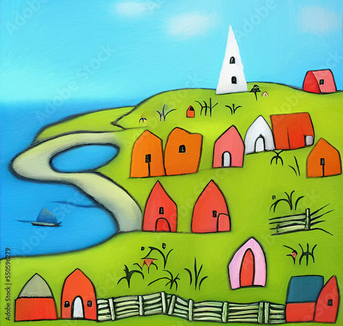 Village by the sea, digital painting naive whimsical art