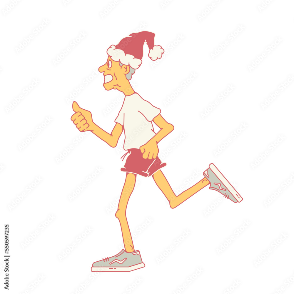 Santa claus runs in shorts and a t-shirt. Shows a thumbs up. New Year holiday concept. Side view. Stock vector illustration of a running Santa Claus. Isolated white background. Santa claus runs in shorts and a t-shirt. Shows a thumbs up. New Year holiday concept. Side view. Stock vector illustration of a running Santa Claus. Isolated white background.