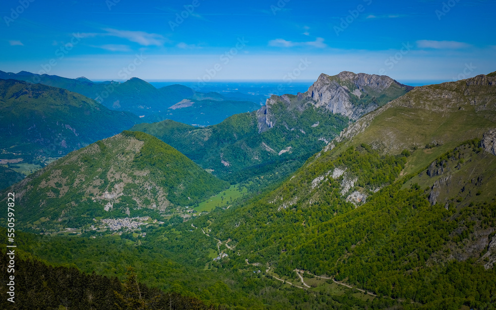 View on the Pyrénées mountain range from the summit of Tuc de l'étang, a peak near Mourtis ski resort in the south of France