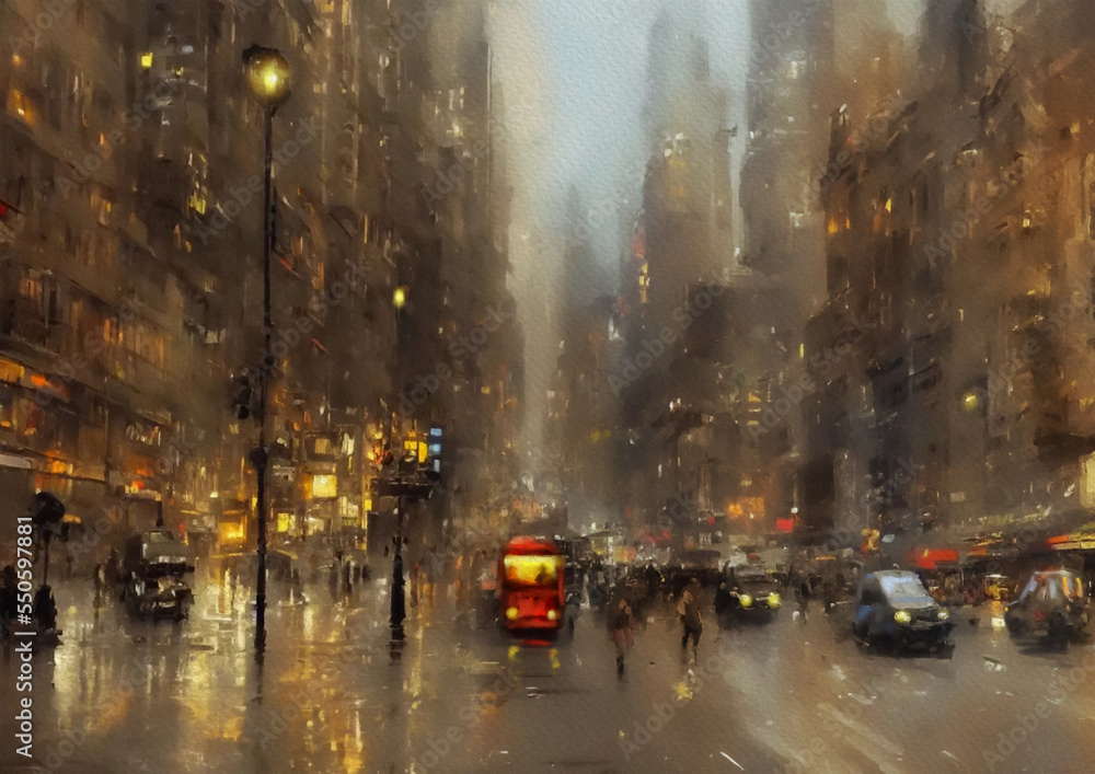 Night view of the city. Oil paintings landscape, night view of the city of the city. Artwork, fine art, people walking on the street at night, time lapse of traffic