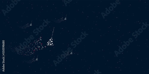 A broom symbol filled with dots flies through the stars leaving a trail behind. Four small symbols around. Empty space for text on the right. Vector illustration on dark blue background with stars