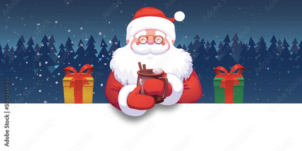 Smile cute cartoon santa claus with hot ccocolate cacaco presents above forest snowing Christmas concept 	
