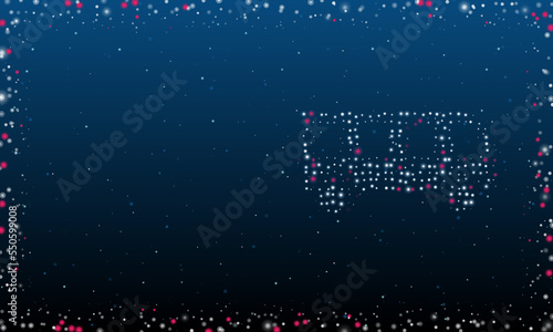 On the right is the bus symbol filled with white dots. Pointillism style. Abstract futuristic frame of dots and circles. Some dots is pink. Vector illustration on blue background with stars