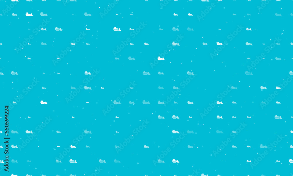 Seamless background pattern of evenly spaced white bulldozer symbols of different sizes and opacity. Vector illustration on cyan background with stars