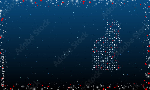 On the right is the cat symbol filled with white dots. Pointillism style. Abstract futuristic frame of dots and circles. Some dots is red. Vector illustration on blue background with stars