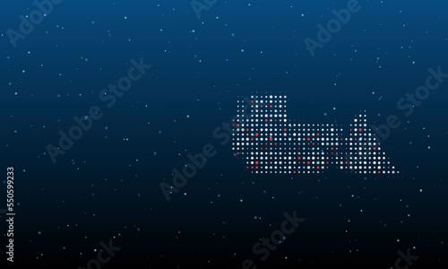 On the right is the bulldozer symbol filled with white dots. Background pattern from dots and circles of different shades. Vector illustration on blue background with stars
