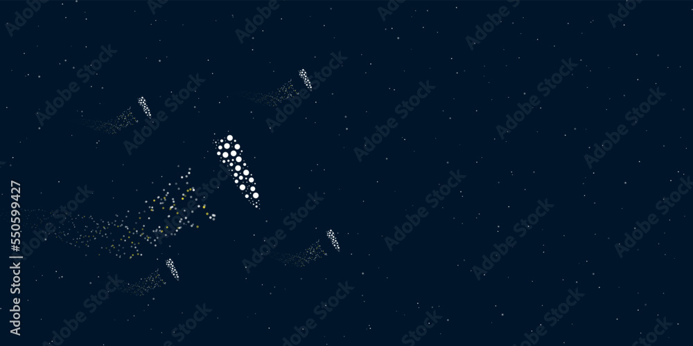 A falling rocket symbol filled with dots flies through the stars leaving a trail behind. There are four small symbols around. Vector illustration on dark blue background with stars A falling rocket symbol filled with dots flies through the stars leaving a trail behind. There are four small symbols around. Vector illustration on dark blue background with stars
