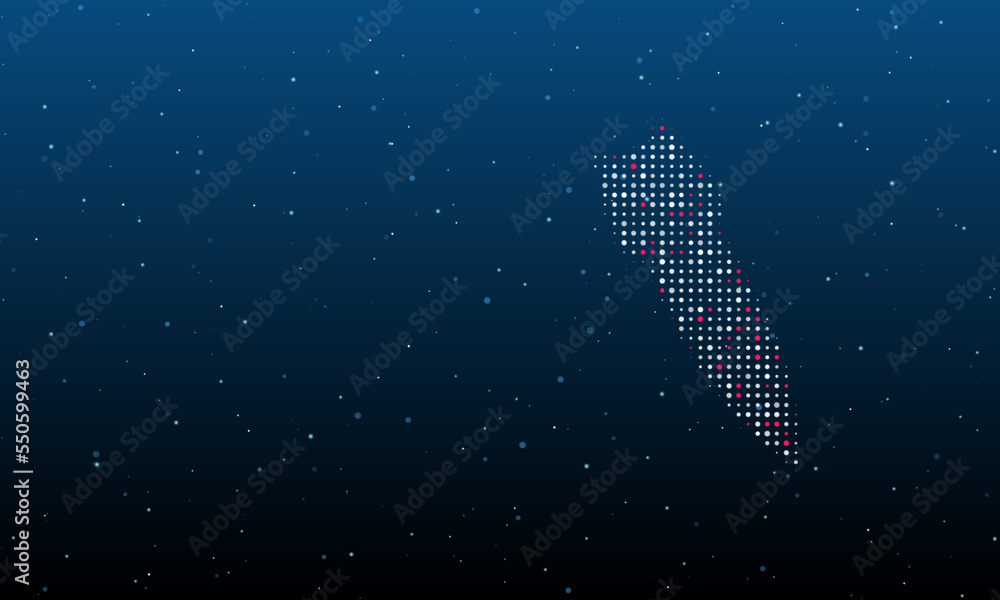 On the right is the falling rocket symbol filled with white dots. Background pattern from dots and circles of different shades. Vector illustration on blue background with stars On the right is the falling rocket symbol filled with white dots. Background pattern from dots and circles of different shades. Vector illustration on blue background with stars