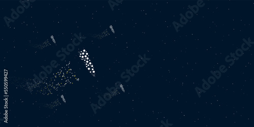 A falling rocket symbol filled with dots flies through the stars leaving a trail behind. There are four small symbols around. Vector illustration on dark blue background with stars