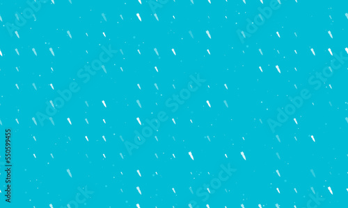 Seamless background pattern of evenly spaced white falling rocket symbols of different sizes and opacity. Vector illustration on cyan background with stars
