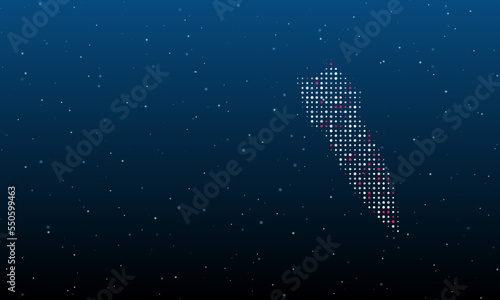 On the right is the falling rocket symbol filled with white dots. Background pattern from dots and circles of different shades. Vector illustration on blue background with stars