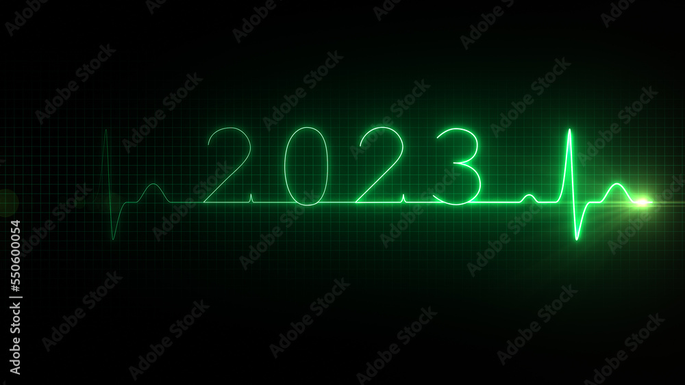 2023. Cardiogram. Loop. Cardoigram curve on screen. 2023 Emergence. New year. 2023. Cardiogram. Loop. Cardoigram curve on screen. 2023 Emergence. New year.