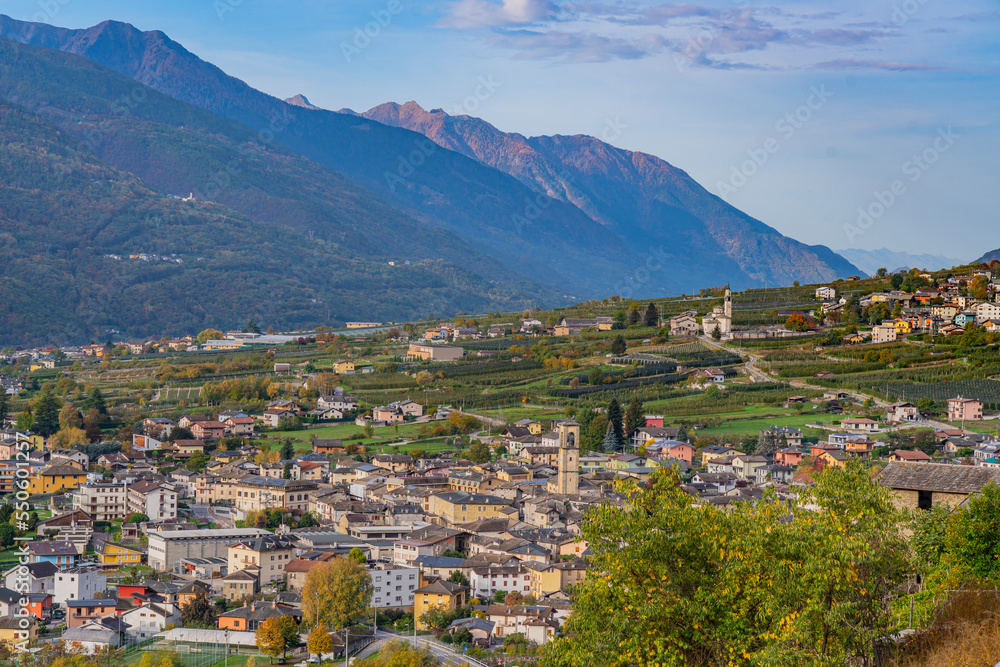 Aerial view of the valley from Chiuro, Valtellina Italy, background the Bergamasque alps and prealps
