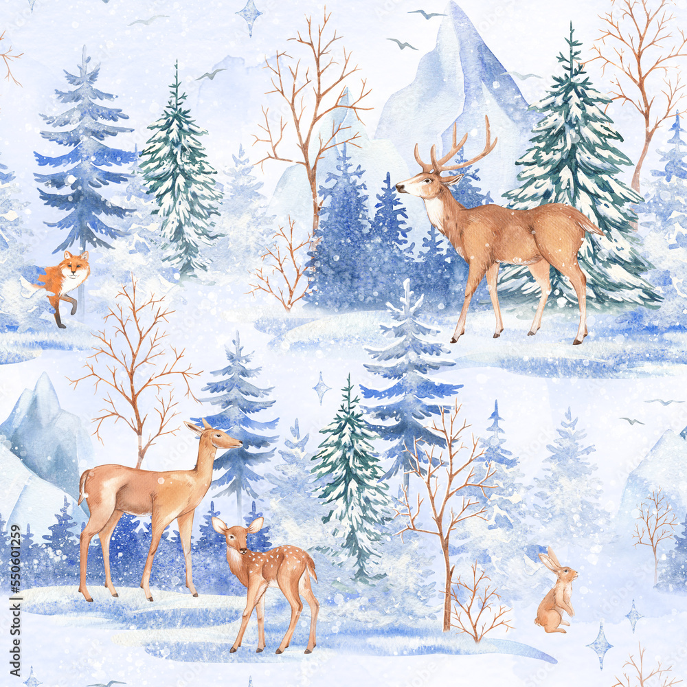 Watercolor Christmas seamless pattern with deer and fox. Hand-painted illustration with fir trees and snow. For design, printing, fabric, background. Watercolor Christmas seamless pattern with deer and fox. Hand-painted illustration with fir trees and snow. For design, printing, fabric, background.