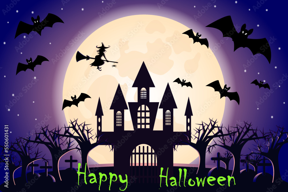 Happy Halloween card with witch and bats in the moonlight night, vector illustration