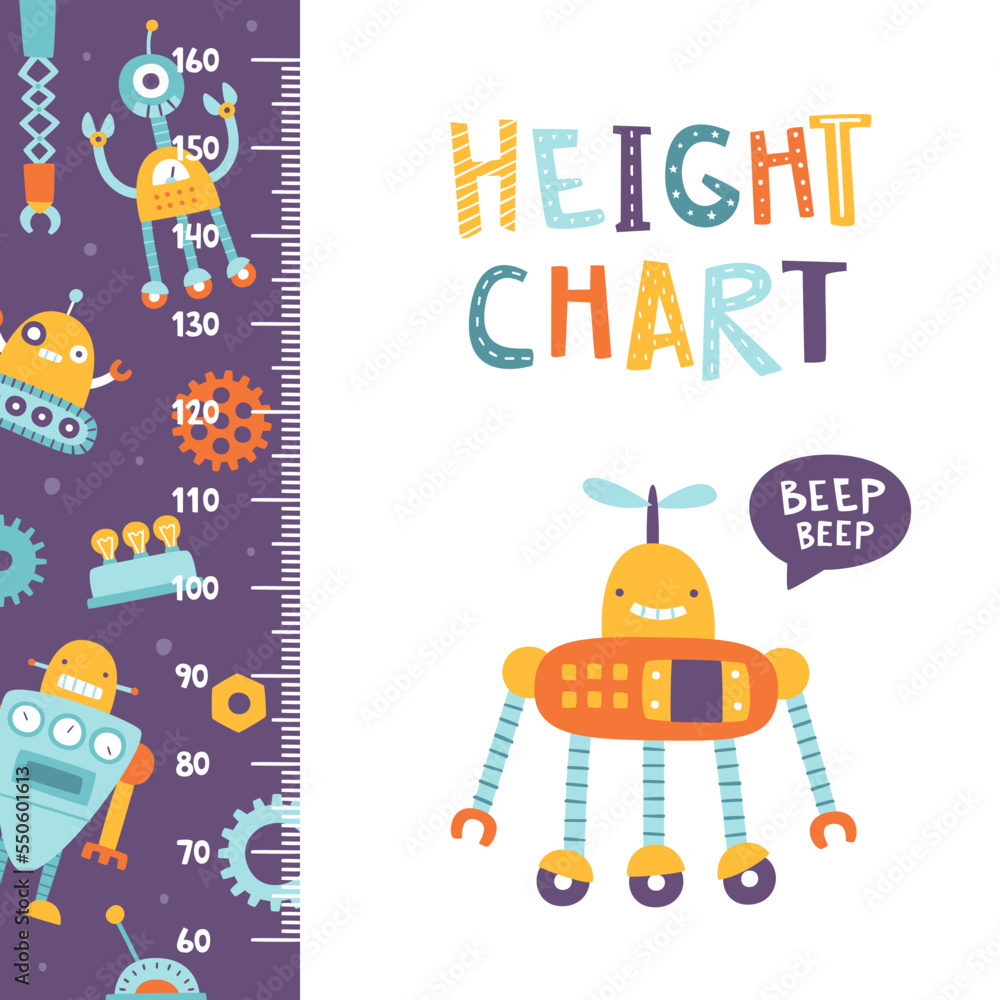 Height chart with cute robots. Cartoon ruler with funny robots. Doodle stadiometer foe baby.