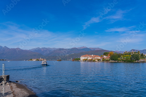 Ferry at the lake Maggiore, landscapes over the lake, in the background Isola Bella - island Bella in Italy
