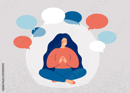 Woman has immunity for criticism and gossip. Calm girl is inside transparent bubble and saves mental health. Preserving personal boundaries concept. Vector illustration