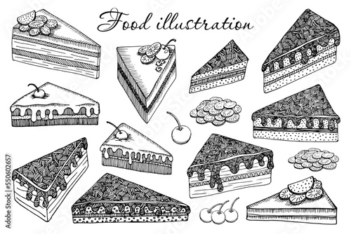 A set of sketches of cakes, food, cheesecakes. Collection of sweet dishes, desserts. Hand drawn vector illustration of sweets. Outline clip arts isolated on white background. Vintage style