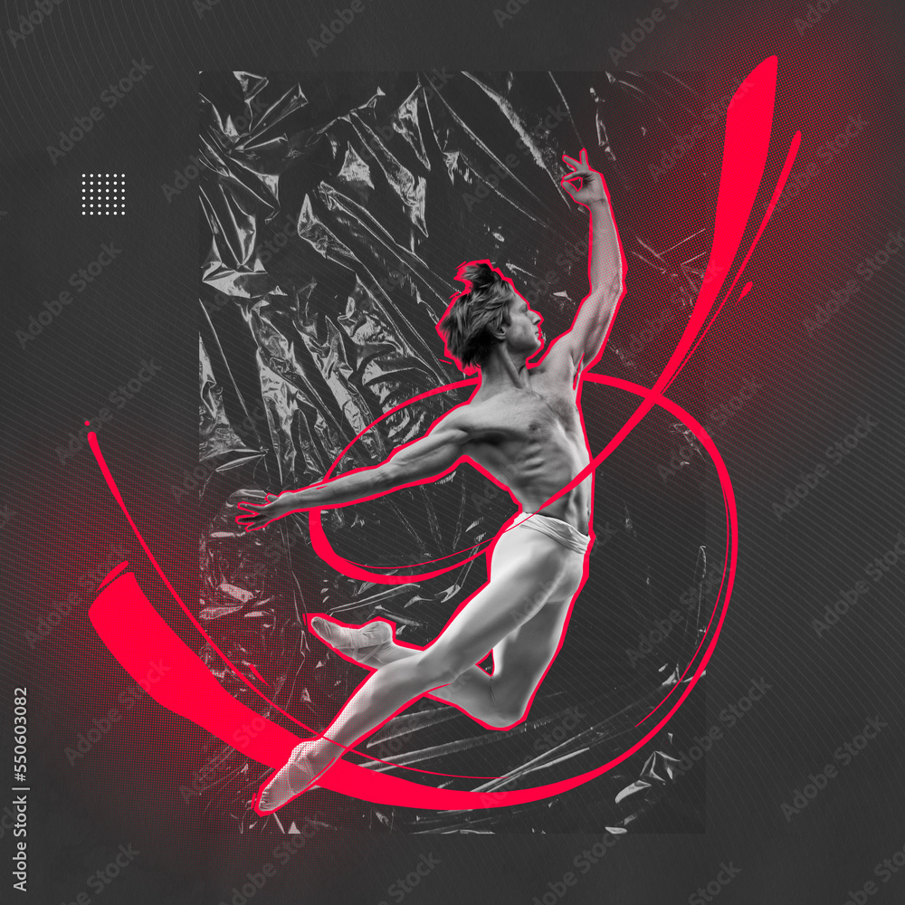 Contemp dance and music. Creative artwork with flexible dancer expressing feelings in dance over grey background with crumpled plastic cellophane effect with acid color lines.