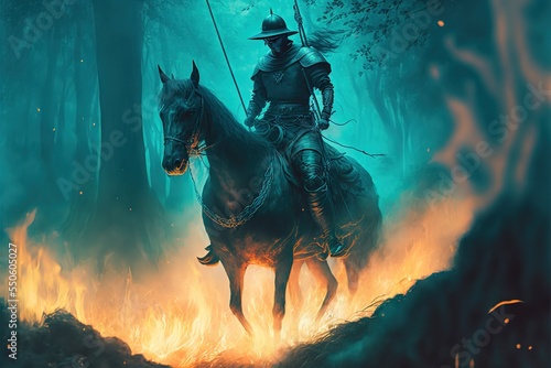 Fotomurale A knight rider on a horse rides on a trail of fire