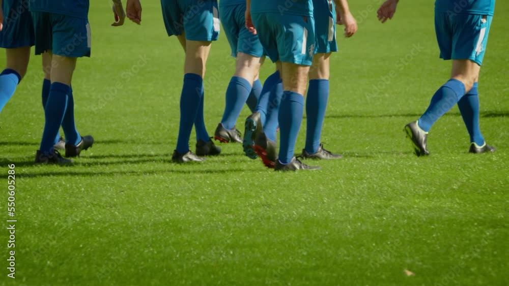 Football Championship: Professional Soccer Blue Team ready for a Match, Walking on Field Grass. Professional Football Players ready to Win Tournament, Cup. Focus on Legs Football Championship: Professional Soccer Blue Team ready for a Match, Walking on Field Grass. Professional Football Players ready to Win Tournament, Cup. Focus on Legs