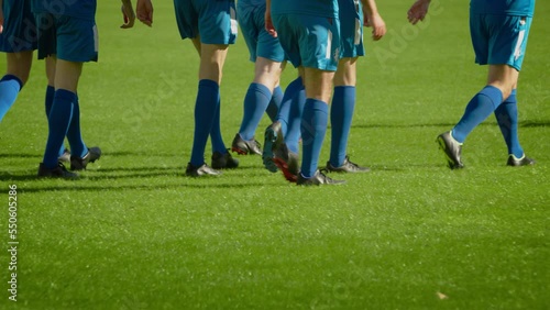 Football Championship: Professional Soccer Blue Team ready for a Match, Walking on Field Grass. Professional Football Players ready to Win Tournament, Cup. Focus on Legs