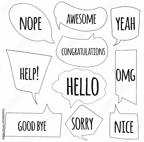 Set collection hand drawn doodle speech bubbles of nope, awesome, yeah, help, congratulations, OMG, hello, good bye, sorry, nice. balloon, message, text, dialogue. Vector design illustration 