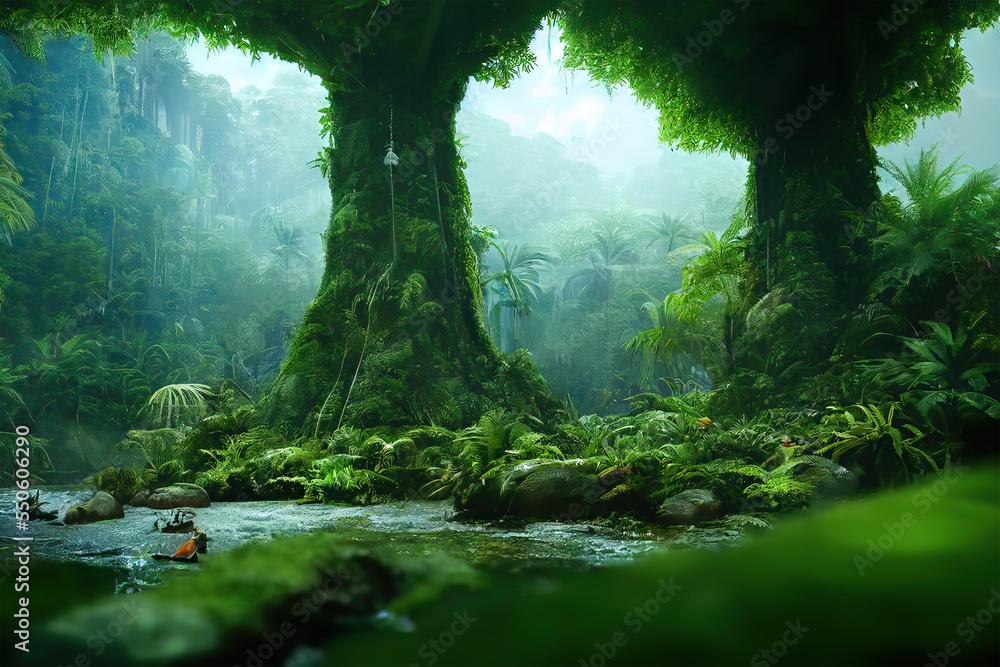 Fototapeta premium forest, tree, nature, jungle, tropical, palm, trees, plant, rainforest, plants, landscape, summer, grass, leaf, leaves, sky, garden, foliage, park, water, fern, ferns, beauty, sun, rain forest