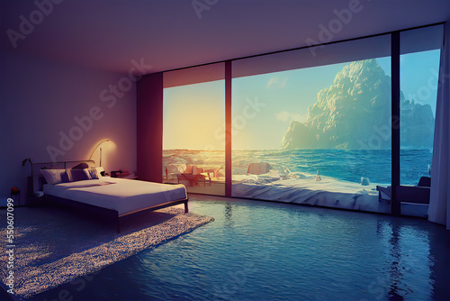 luxury hotel bedroom by the sea © Shades3d