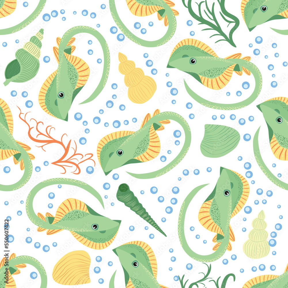 Fototapeta premium Batomorphi sea life, fish, animals bright seamless pattern. sea travel, snorkeling with animals, tropical fish