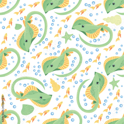 Batomorphi sea life, fish, animals bright seamless pattern. sea travel, snorkeling with animals, tropical fish