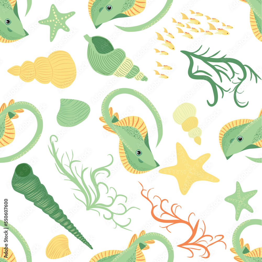 Fototapeta premium Batomorphi sea life, fish, animals bright seamless pattern. sea travel, snorkeling with animals, tropical fish