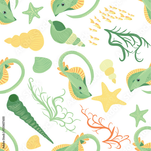 Batomorphi sea life, fish, animals bright seamless pattern. sea travel, snorkeling with animals, tropical fish