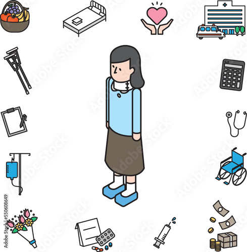 首にコルセットを巻いた若い女性のアイソメイラスト