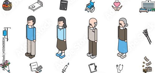 首にコルセットを巻いた老若男女のアイソメイラスト