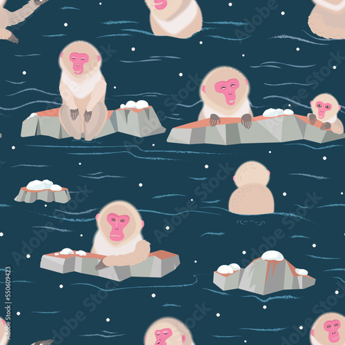 Japanese Macaque (Snow monkeys) relaxing in the hot spring in winter. Seamless vector pattern