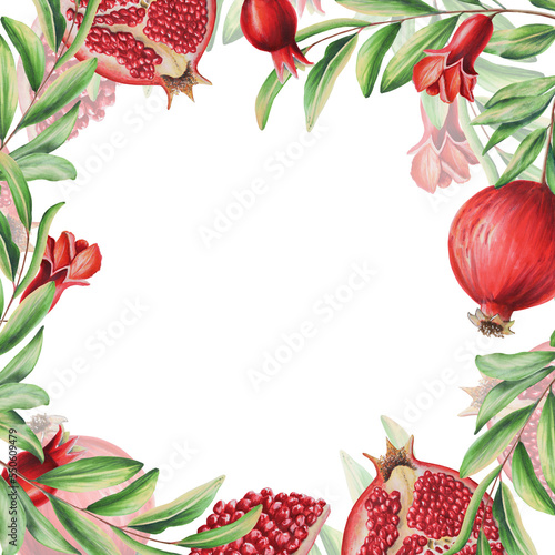 Watercolor pomegranate frame on a branch. Ripe slice, flowers and seeds of pomegranate. Hand drawn realistic tasty garnet red fruit isolated 