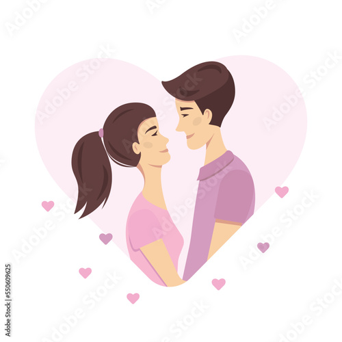 Valentine day concept. Romantic couple in love. Young smiling girl looks at a guy. Happy cartoon characters in a pink heart.