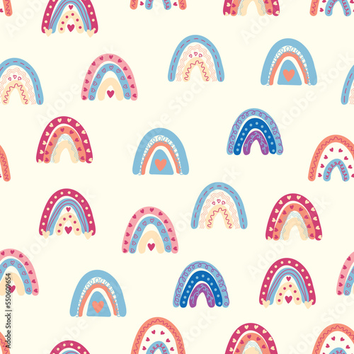 Rainbow seamless pattern in pastel colors. Scandinavian baby hand drawn illustration for textiles and newborn clothes.