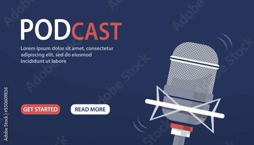 Studio microphone. Recording studio audio, radio, podcast. Equipment for and speaking. Pop culture, and entertainment. Design template for web banner, website. Vector illustration on blue background