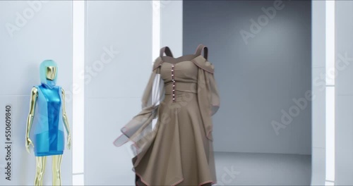 Fashion Show: Invisible Model Walking by the Metaverse Podum. Fashionable Brown Dress. Meetings in Virtual Space, Artificial World. Concept of Gamification and Realization of NFT Products. 3D photo