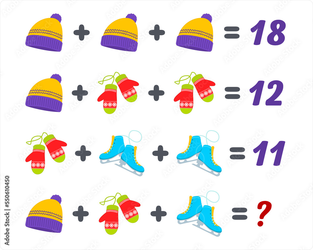 Mathematics educational game for children. Advanced level. Learning multiplication, addition, subtraction equations worksheet for kids. Wintwe Math Puzzle . For logical