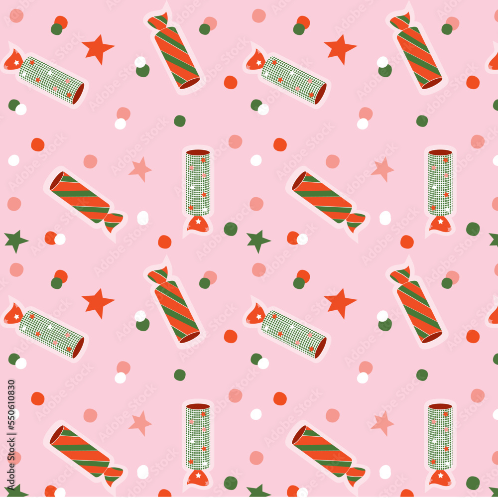 Festive confetti, colorful seamless pattern. Hand drawn backdrop vector. Background with christmas cracker. Decorative wallpaper, good for printing. Design illustration, print
