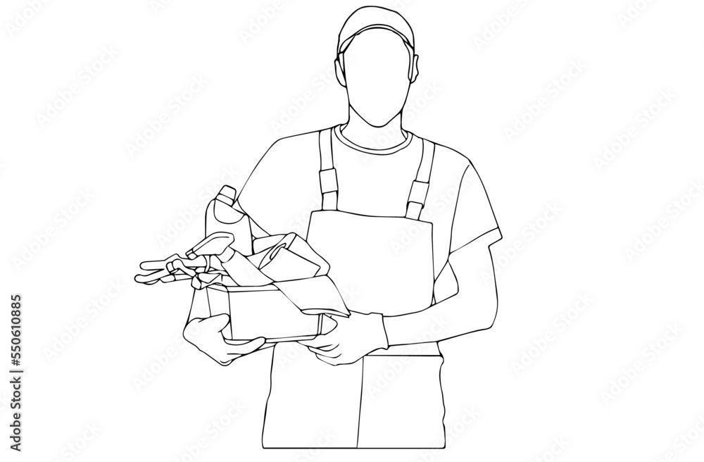 The guy in the cap courier with boxes. One line drawing isolated object by hand on a white background. The guy in the cap courier with boxes. One line drawing isolated object by hand on a white background.