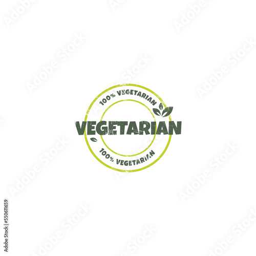 Vegetarian and natural products sticker, label, badge with grunge texture. Ecology icon. Logo template with green leaves for organic and vegetarian products. Vector illustration.